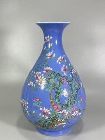 A Rare Sapphire Blue Ground Famille-Rose  Flower Pattern Vase