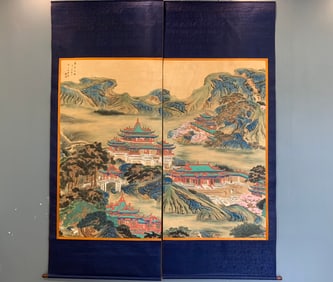 A Pair of Chinese Vertical Scroll Ink Paintings of Landscape on Silk