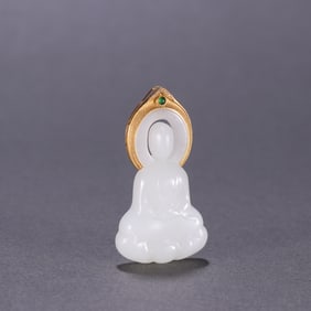 A Rare Gold-Inlaid White Jade Buddha Pendant