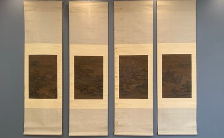 A Set of Chinese Vertical Scroll Ink Paintings of Landscape on Silk