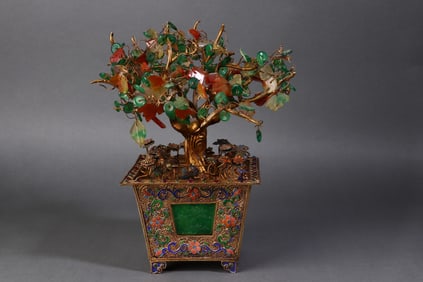 A Rare  Silver Gilt Inlaid Hundred Treasures Bonsai