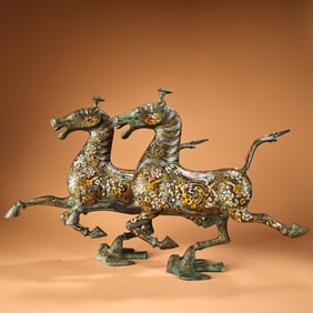 A pair of Rare Gold and Silver-Inlaid Bronze Horses with Inlaid Gems