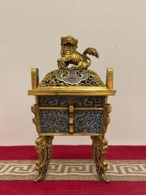 A Rare Cloisonne Taotie Pattern Golden Lion Incense Censer