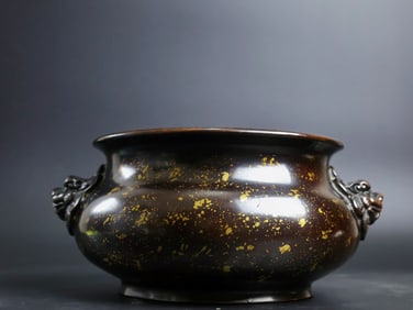A Rare Red Copper Gold-Splashed Lion-Ears Censer