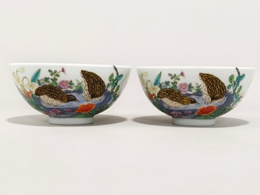 A Pair of Rare Famille Rose Flower and Bird Pattern Bowls