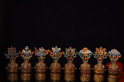 A Rare Lima Copper Carved Inlaid Dzi Bead Gems Painted Color Eight Treasures