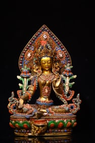 A Rare Silver Cloisonne Inlaid Gems Dzi Bead Statue of Green Tara