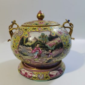 A Rare Enamel Yellow Ground Flower Pattern  Figures Pattern Censer