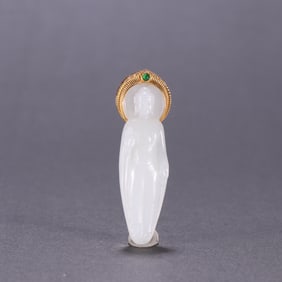 A Rare Gold-Inlaid White Jade Avalokitesvara Pendant