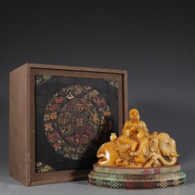 A Rare Shoushan Stone Carved Arhat Riding Elephant