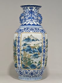 A Rare Blue and White Lotus Landscape Pattern Double ear Vase