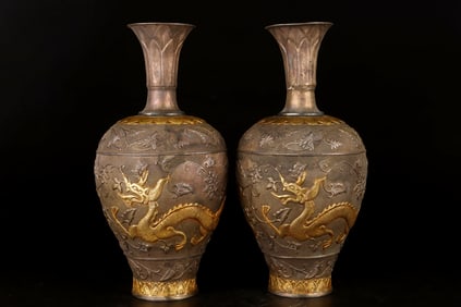 A Pair of Rare Copper Gilt Dragon Phoenix Vases (Single)