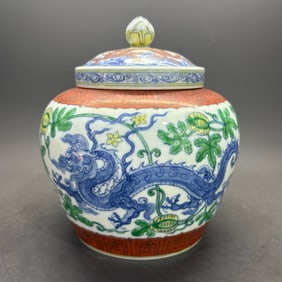 A Rare Doucai Watermelon Dragon Pattern Tianzi Jar