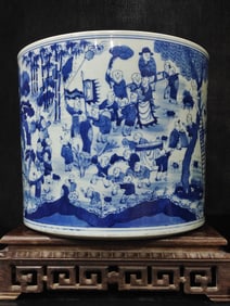 A Rare Blue and White Character and Story Pattern Brush Pot