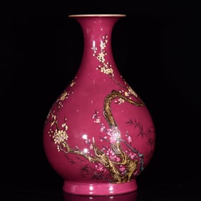 An Exquisite Ruby Red-Glazed Famille-Rose Plum Blossom Pattern Vase?With Poem