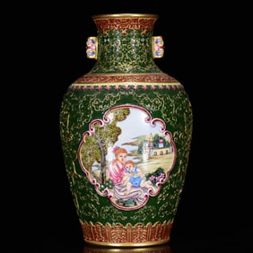 An Exquisite Enamel Gilt Shou-Character Figure Pattern Double-Ears Vase