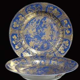 A Pair of Rare Blue Glazed Painted Gold Flower,Kylin and Phoenix Pattern Plates