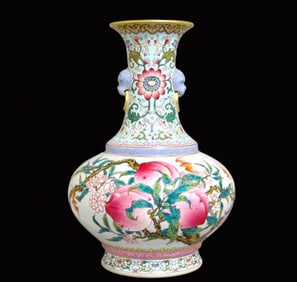 An Exquisite Famille-Rose Green Ground Painted Gold Bats and Peach Pattern Beast-Ears Vase