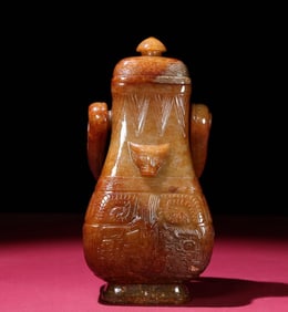 An Exquisite White Jade Chi-Dragon Pattern Beast-Ears Bottle