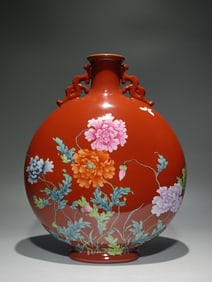 A Rare Enamel Coral Red Glazed Flower and Butterfly Pattern Double-Ears Vase