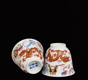 A Pair of Exquisite Doucai Eight Treasures and Dragon Pattern Painted Gold Cups