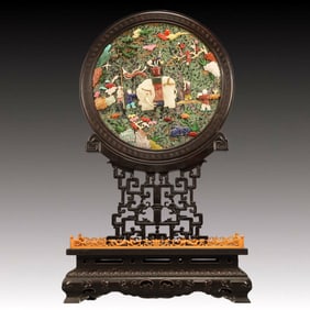 A Huge Zitanwood Inlaid Jasper Figure and Elephant Pattern Table Screen,Inlaid Gems,Qing Dynasty,