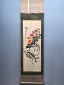 A Chinese Vertical Scroll Ink Painting of Flower and Fish on Paper,Li Shan