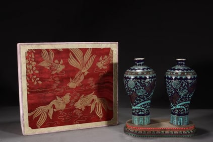 A Pair of Exquisite Green Color Blue Ground Painted Gold Dragon Pattern Vases