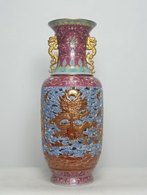 A Huge Yangcai Red Ground Iron-Red Glazed Painted Gold Hollow Seawater,Auspicious Cloud and Dragon