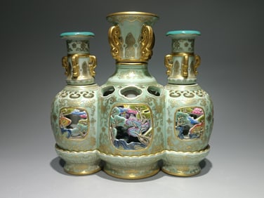 An Exquisite Yangcai Celadon Glazed Hollow Landscape Pattern Vase