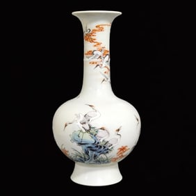 A Rare Famille-Rose Crane Pattern Vase