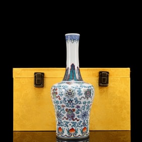 An Exquisite Blue and White Famille-Rose Lotus and Eight Treasures Pattern Vase