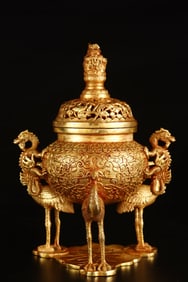 A Rare Gilt Bronze Lotus Pattern Dragon-Ears and Crane-legs Censer