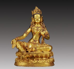 An Exquisite Gilt Bronze Inlaid Gems Statue of Green Tara