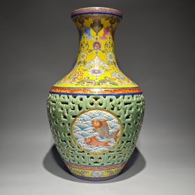 A Huge Enamel Celadon Glazed Painted Gold Hollow Seawater and Fish Pattern Vase