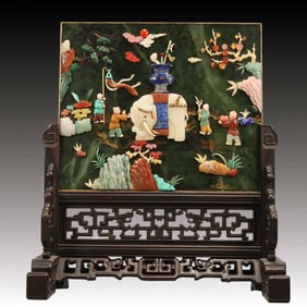 A Huge Zitanwood Inlaid Jasper Figure and Elephant Pattern Table Screen,Inlaid Gems,Qing Dynasty,