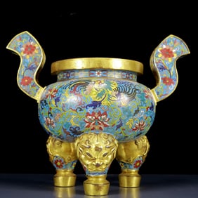A Rare Cloisonne Lotus and Phoenix Pattern Double-Ears and Tripod Censer