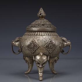 An Exquisite Silver-plated Bronze Dragon Pattern Double-Ears and Tripod Censer