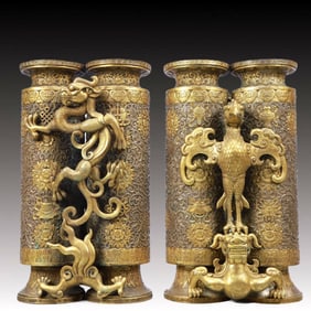A Pair of Rare Gilt Bronze Lotus and Eight Treasures Pattern Dragon and Phoenix Vases