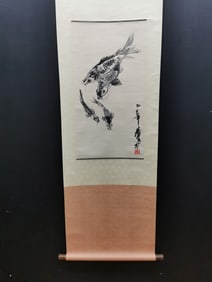 A Chinese Vertical Scroll Ink Painting of Fish on Paper,Huang Zhou