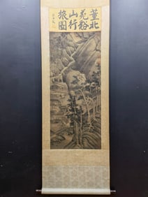 A Chinese Vertical Scroll Ink Painting of Landscape and Figure on Silk,Dong Yuan