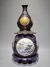 A Rare Famille-Rose Blue Glazed Painted Gold Bats and Peach Pattern Gourd-Shaped Vase