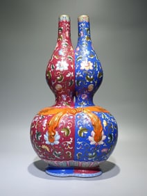 A Rare Yangcai Blue and Purple Ground Painted Gold Lotus Pattern Gourd-Shaped Vase