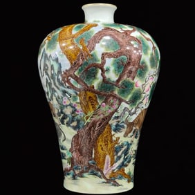 A Huge Famille-Rose Painted Gold Landscape and Buffalo Pattern Vase,With Poem