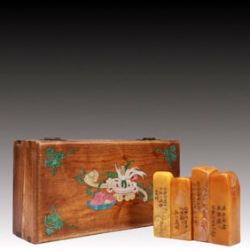 A Set of Fine Tianhuang Stone Landscape and Figure Pattern Seals,With Poem