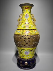 A Huge Enamel Painted Gold Hollow Lotus and Dragon Pattern Double-Ears Vase