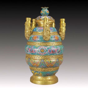 A Huge Cloisonne Lotus and Phoenix Pattern Dragon-Ears Vase