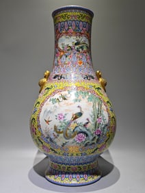 A Huge Enamel Gold Ground Yellow Ground Lotus,Flower and Bird Pattern Double-Ears Vase