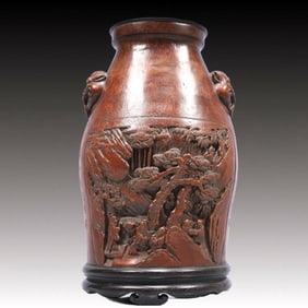 An Exquisite Boxwood Character and Story Pattern Lion-Ears Vase, With Poem