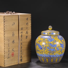 A Huge Yellow Ground Blue and White Fish and Algae Pattern Cover Jar